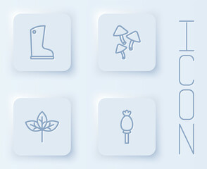 Set line Waterproof rubber boot, Mushroom, Leaf and Opium poppy. White square button. Vector