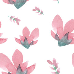 Watercolor seamless pattern with pink flowers and buds on a white background. Watercolor illustration. Good for weddings, invitations, cards, business cards, fabrics, designs.