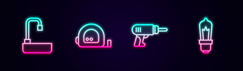 Set line Washbasin, Roulette construction, Electric drill machine and Light bulb. Glowing neon icon. Vector