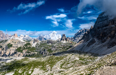 Fototapeta na wymiar Alpine Landscape With Mountain Peaks And View To Rifugio Antonio Locatelli - Dreizinnenhuette - On Mountain Tre Cime Di Lavaredo In South Tirol In Italy