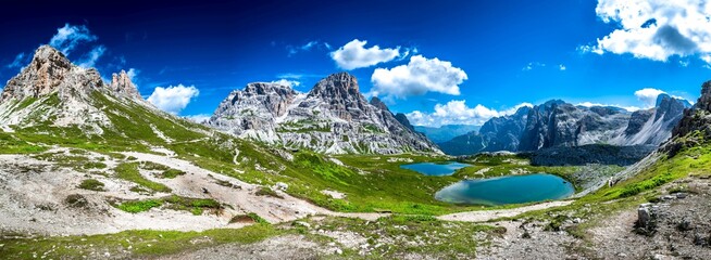 Alpine Landscape With Mountain Peaks And Clear Lakes At The Formation Tre Cime Di Lavaredo In The...
