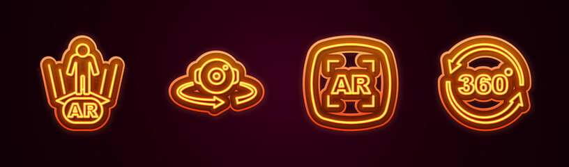 Set line Augmented reality AR, 360 degree view, and . Glowing neon icon. Vector