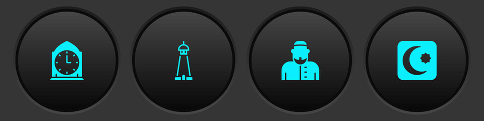 Set Clock, Mosque tower or minaret, Muslim man and Star and crescent icon. Vector