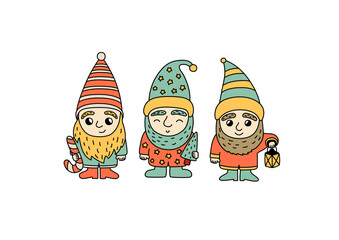 Christmas little gnomes. Hand drawn gnome sketch. Cartoon vector illustration for greeting card or banner. Cute dwarfs characters with candy cane and lantern. Xmas holiday