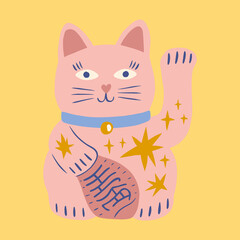 Maneki Neko traditional asian cat childish cartoon groovy doodle boho illustration naive funky handdrawn style art vector