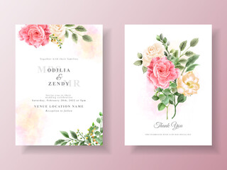 Fototapeta na wymiar Beautiful pink and yellow flowers wedding invitation card