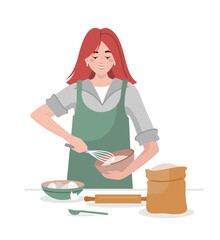 Vector illustration of young woman who is cooking. Girl using  a whisk to mix ingredients. Baking ingredients: flour, rolling pin, whisk, eggs. 