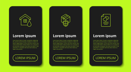 Set line House flood, Delivery security with shield and Marriage contract. Business infographic template. Vector