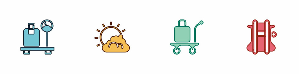 Set Scale with suitcase, Sun and cloud weather, Trolley baggage and Parachute icon. Vector