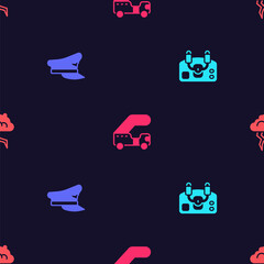 Set Aircraft steering helm, Pilot hat, Passenger ladder and Storm on seamless pattern. Vector