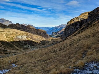 hiking in switzerland. Discover the world on foot.Wonderful mountain landscape in Glarus.Autumn landscape with mountains