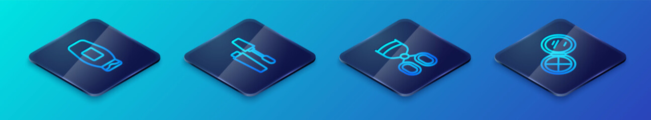 Set Isometric line Eyelash curler, Bottle of shampoo, Makeup powder with mirror and Mascara brush icon. Vector