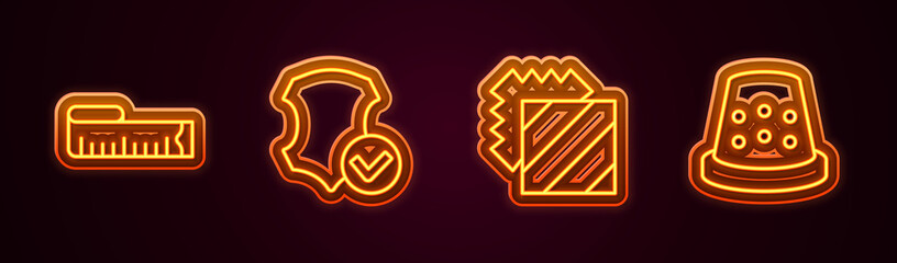 Set line Tape measure, Leather, Layers clothing textile and Thimble for sewing. Glowing neon icon. Vector