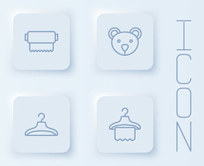 Set line Textile fabric roll, Teddy bear plush toy, Hanger wardrobe and . White square button. Vector