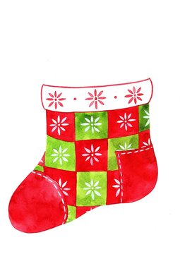 New Year card. Watercolor Christmas stocking with red and green geometric pattern and snowflakes isolated on a white background