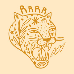 Roar wild cat leopard face childish cartoon groovy doodle boho illustration naive funky handdrawn style art vector © Knstart Studio
