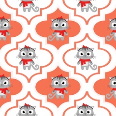 Cartoon seamless background with multicolor cats, like a cheerful pattern. Regular baby texture with cats.