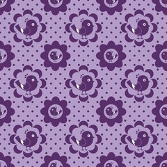 Purple cartoon tile with birds..Seamless baby pattern for print as a background.