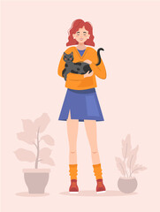 Cute girl holding gray cat with black spots. Happy pet owner vector illustration. Cute cat with her owner. Cats lover illustration.