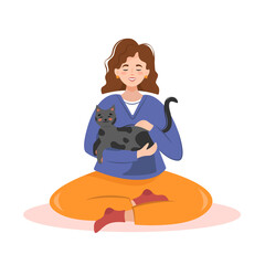 Girl sitting and holding lovely cat. Happy pet owner vector illustration. Cute kitty with her owner.