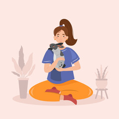 Cute girl sitting and holding lovely gray rabbit with black spots. Happy pet owner vector illustration. Cute rabbit with his owner. Rabbits lovers illustration.