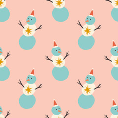 Fototapeta premium Santa snowman childish cartoon groovy boho illustration naive funky handdrawn style art seamless pattern vector