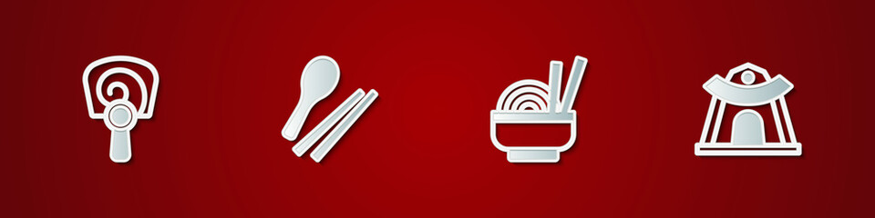 Set Korean hand fan, Food chopsticks, Asian noodles in bowl and temple icon. Vector