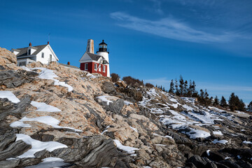 Pemaquid Point Lighthouse and Keepers House  during winter, Maine, USA