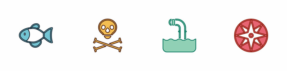 Set Fish, Skull on crossbones, Periscope and Wind rose icon. Vector