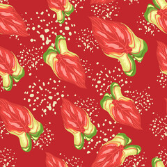 Abstract red tropical leaves seamless pattern. Rainforest leaf endless wallpaper.