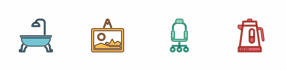 Set Bathtub, Picture, Office chair and Electric kettle icon. Vector