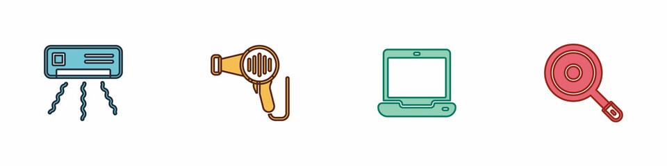 Set Air conditioner, Hair dryer, Laptop and Frying pan icon. Vector
