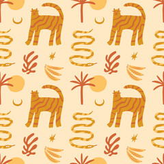 Doodle tigers childish cartoon groovy boho illustration naive funky handdrawn style art seamless pattern vector © Knstart Studio