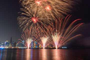 Fireworks in the Doha Corniche, Doha, Qatar.