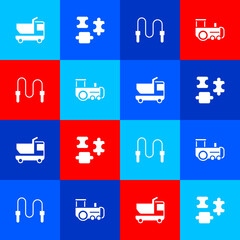 Set Toy truck, Puzzle pieces toy, Jump rope and train icon. Vector