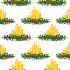 Seamless Christmas background with Christmas candles in fir branches