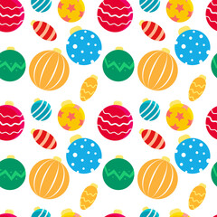 Seamless Christmas background with bright Christmas tree toys of different colors and designs