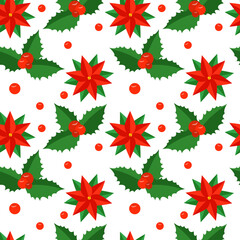 Seamless Christmas background with poinsettia Christmas flower and holly