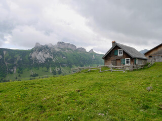 Fototapeta na wymiar Alp Sigel in Alpstein with Hoher Kasten in the background. Switzerland