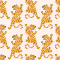 Asian tigers childish cartoon groovy boho illustration naive funky handdrawn style art seamless pattern vector © Knstart Studio