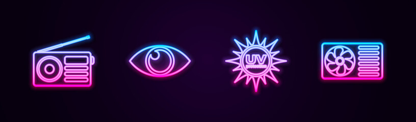 Set line Radio, Eye, UV protection and Air conditioner. Glowing neon icon. Vector