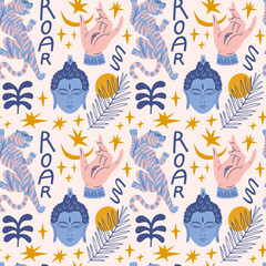 Asian travel set Buddha face esoteric moon vintage Indian Thai Indonesia Buddhism spiritual yoga zen concept handdrawn illustration seamless pattern