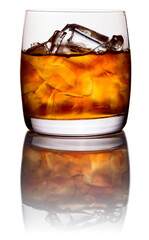 Glass of whiskey with ice on white background.