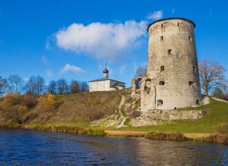 The ancient Kremlin of the city of Pskov on the Velikaya River. Russia.