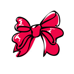 Decorative ribbon bow on a white background. Red element with black outline. Festive bow for surprise, celebration event, gifts, birthday, Christmas. Drawn as a sketch. Isolated vector.