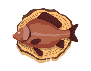 Fish on wooden board. Kitchen cutting board with healthy meal meat. Foodstuff in cartoon style. Concept organic wild river or ocean food
