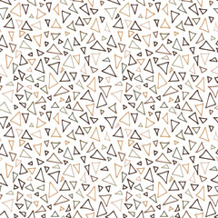 Abstract seamless pattern with hand drawn contour of triangles. Endless texture with colored beige gray triangular element on white background. Decor, wrapping, cover, wallpaper. Vector illustration.