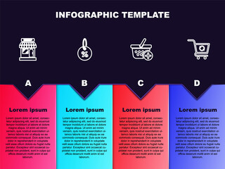 Set line Market store, Discount percent tag, Add Shopping basket and Refresh shopping cart. Business infographic template. Vector