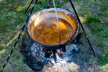 Cooking in a cauldron on an open fire in nature