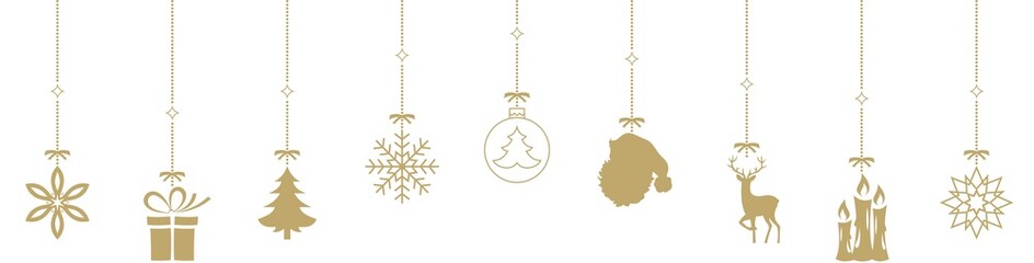 Nahtloses Weihnachtsornament vektor in Gold mit Christbaumschmuck.
Hängende goldene Weihnachtsdekoration auf einem weißen Hintergrund.